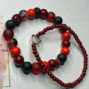 Red & Black Beaded Bracelet Set